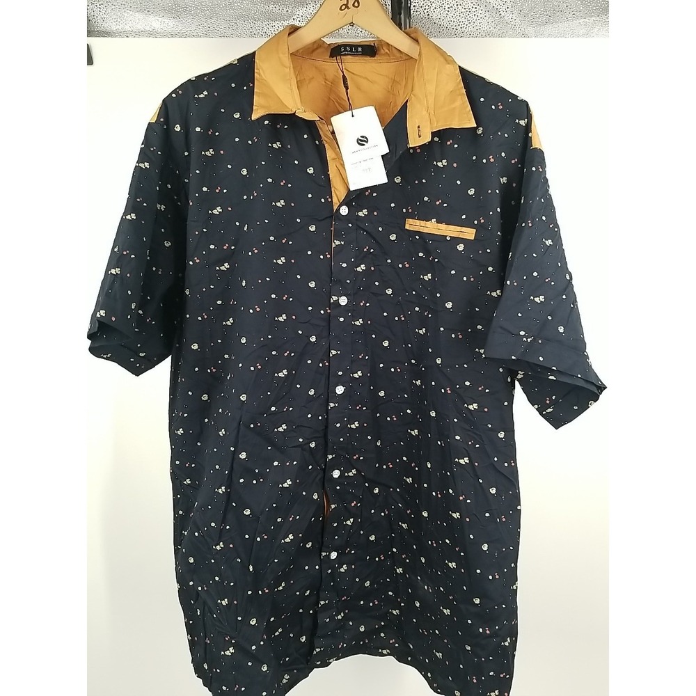 SSLR Mens Button Down Shirt 2XL Blue Gold Trim Short Sleeve NWT AFD168-11